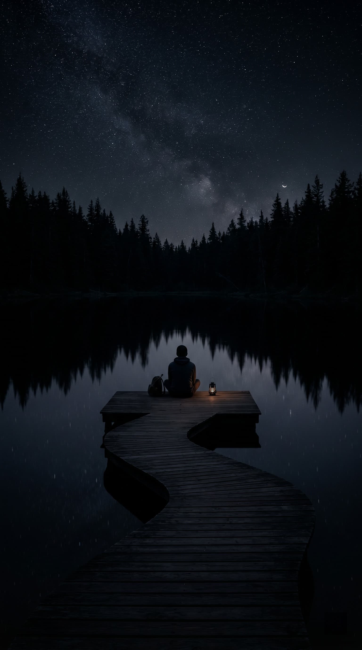 Silhouette of a person against pure black night sky