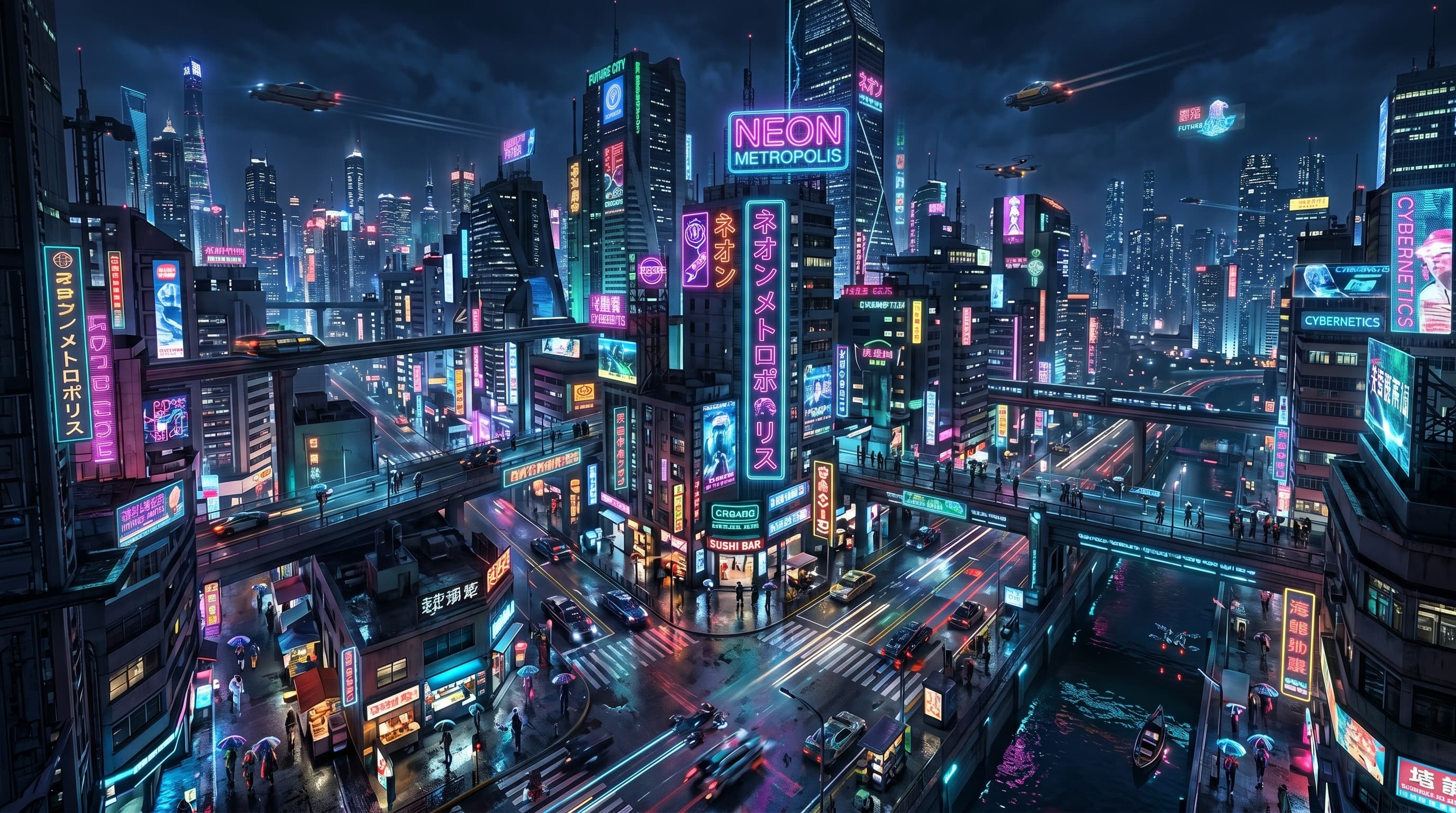 Cyberpunk city skyline with neon lights and rain