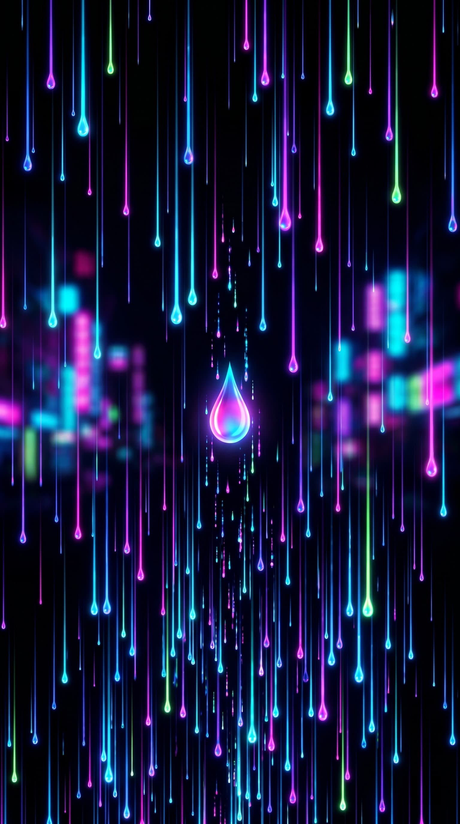 Neon-lit raindrop macro against dark background